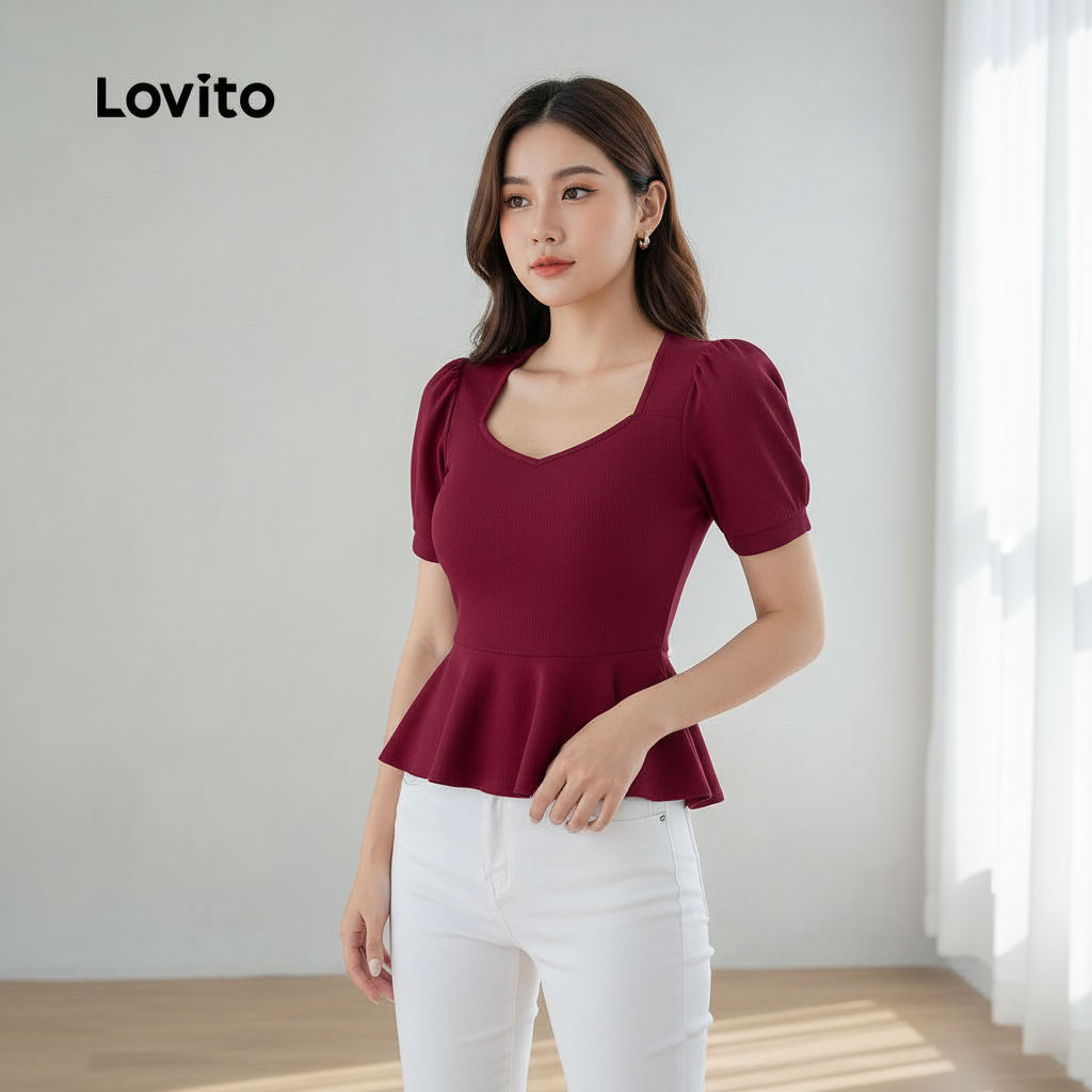 Lovito เสื้อเบลาส์ชายระบายหรูหรา สําหรับฤดูใบไม้ผลิ ฤดูร้อน สีคลาเร็ต L165ED633
