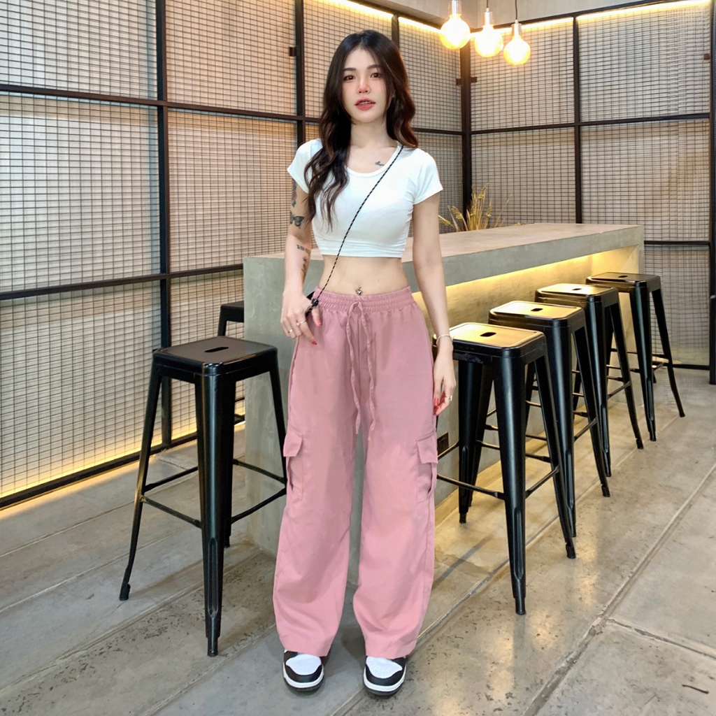 SpinnyHouse กางเกงคาร์โก้ ขากระบอก ผ้าไมโคร สไตล์ Y2K