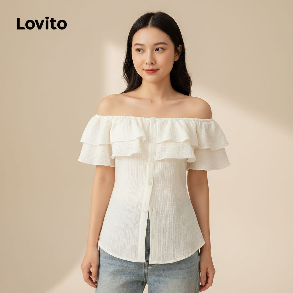 Lovito เสื้อเชิ้ตผู้หญิงผ้าพื้นเรียบแต่งระบายกระดุมสําหรับฤดูใบไม้ผลิและฤดูร้อน L79AD128