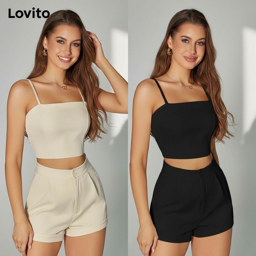 Lovito ชุดกางเกงขาสั้นผู้หญิงสองชิ้น มีซิป สีพื้น ทรงลําลอง LBA05188 (แอปริคอท)