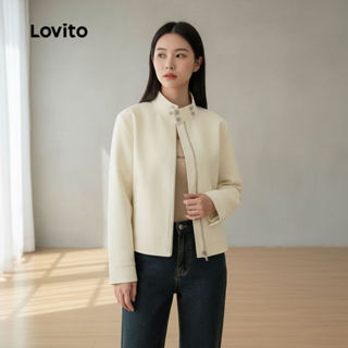 Lovito เสื้อโค้ทผู้หญิงลําลอง ซิปกระดุม สีขาว แฟชั่นฤดูใบไม้…