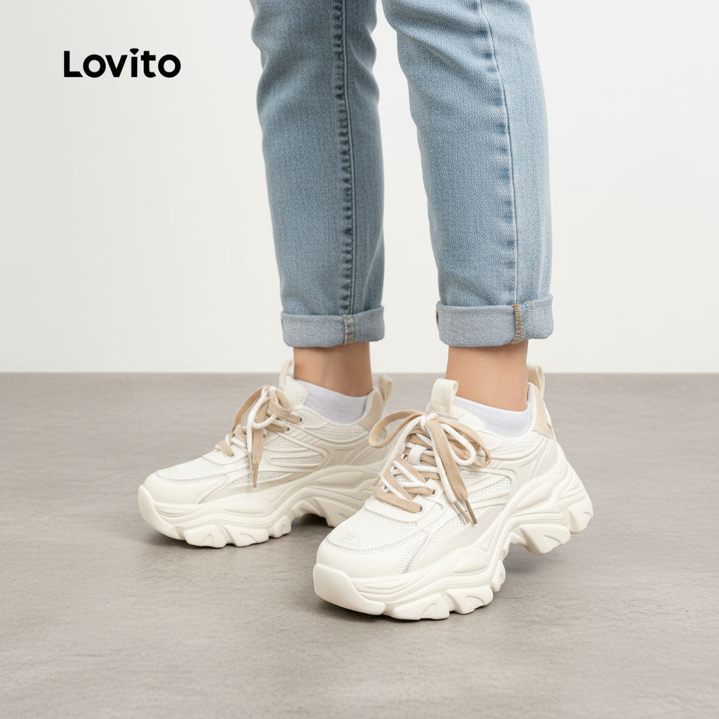 Lovito รองเท้าลําลองผู้หญิงแฟชั่นพื้นหนาเพิ่มความสูงด้านในรองเท้าผ้าใบสไตล์เค้ก LFA60422