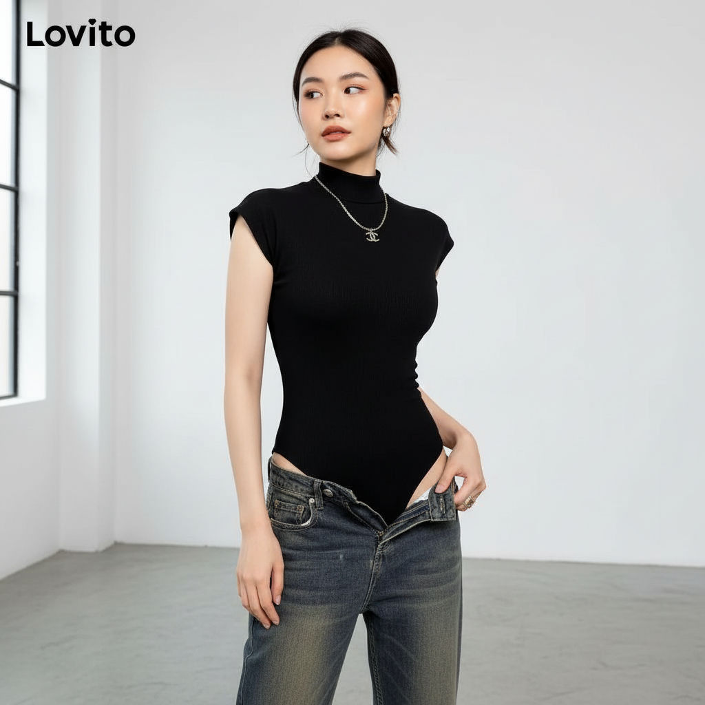 Lovito แคชชวล บอดี้สูทผู้หญิง คอเต่าครึ่งตัว ดีไซน์ สีพื้น รุ่น LNL61247