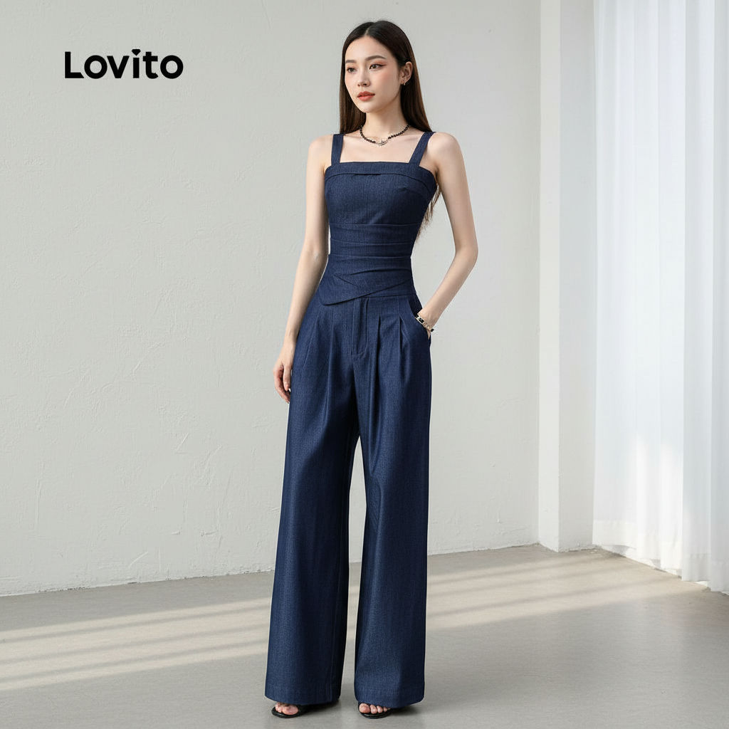 Lovito สง่างาม เสื้อเชิ้ตหรือกางเกง กระโปรงจีบสไตล์ฤดูใบไม้ผลิ/ฤดูร้อน ชุดสูทสีน้ําเงินเข้มหรือกางเกง L166AD1002