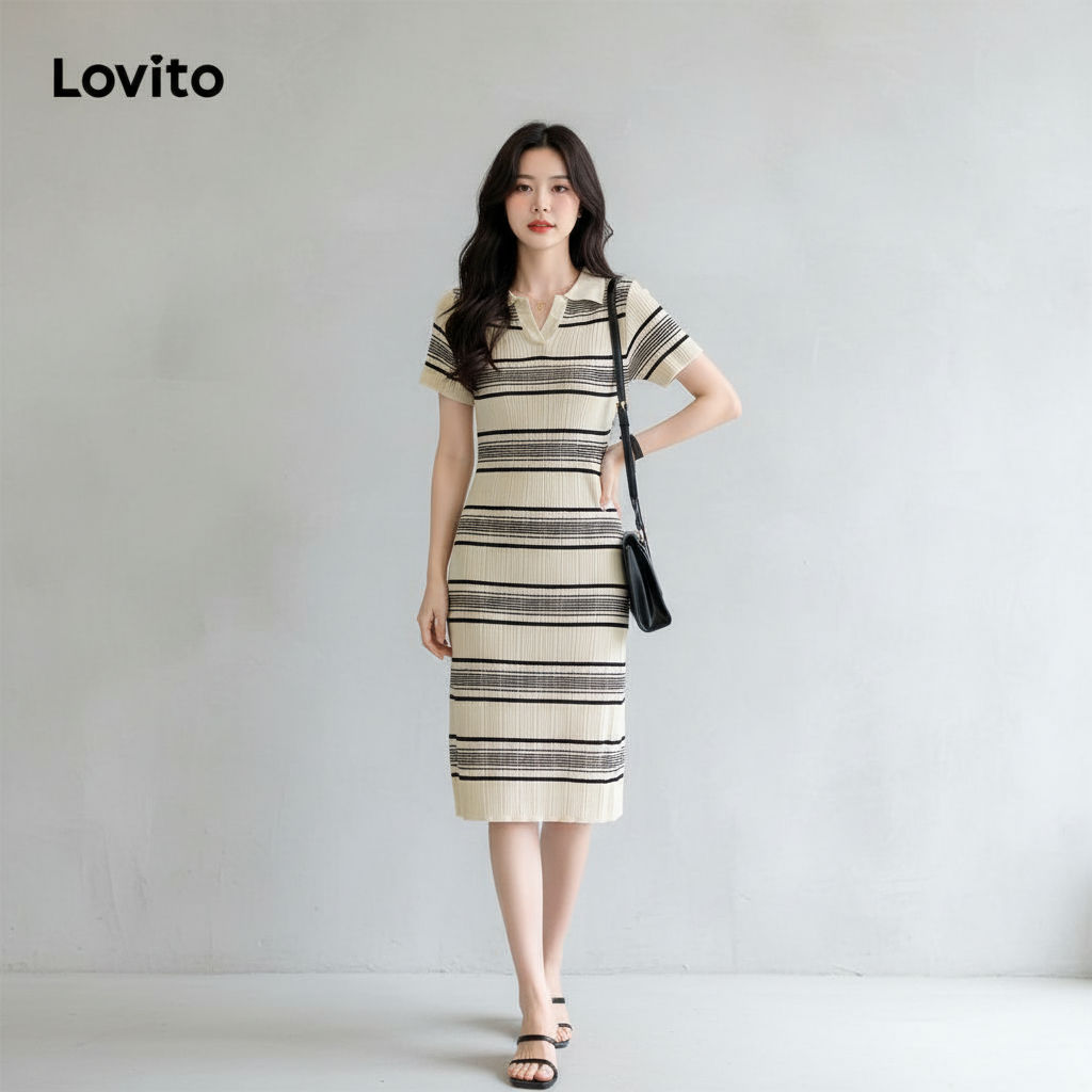 Lovito ชุดเดรสผู้หญิง คอปกโปโล ลายทาง สีดํา สําหรับฤดูร้อน ฤดูใบไม้ผลิ รุ่น LNA19061