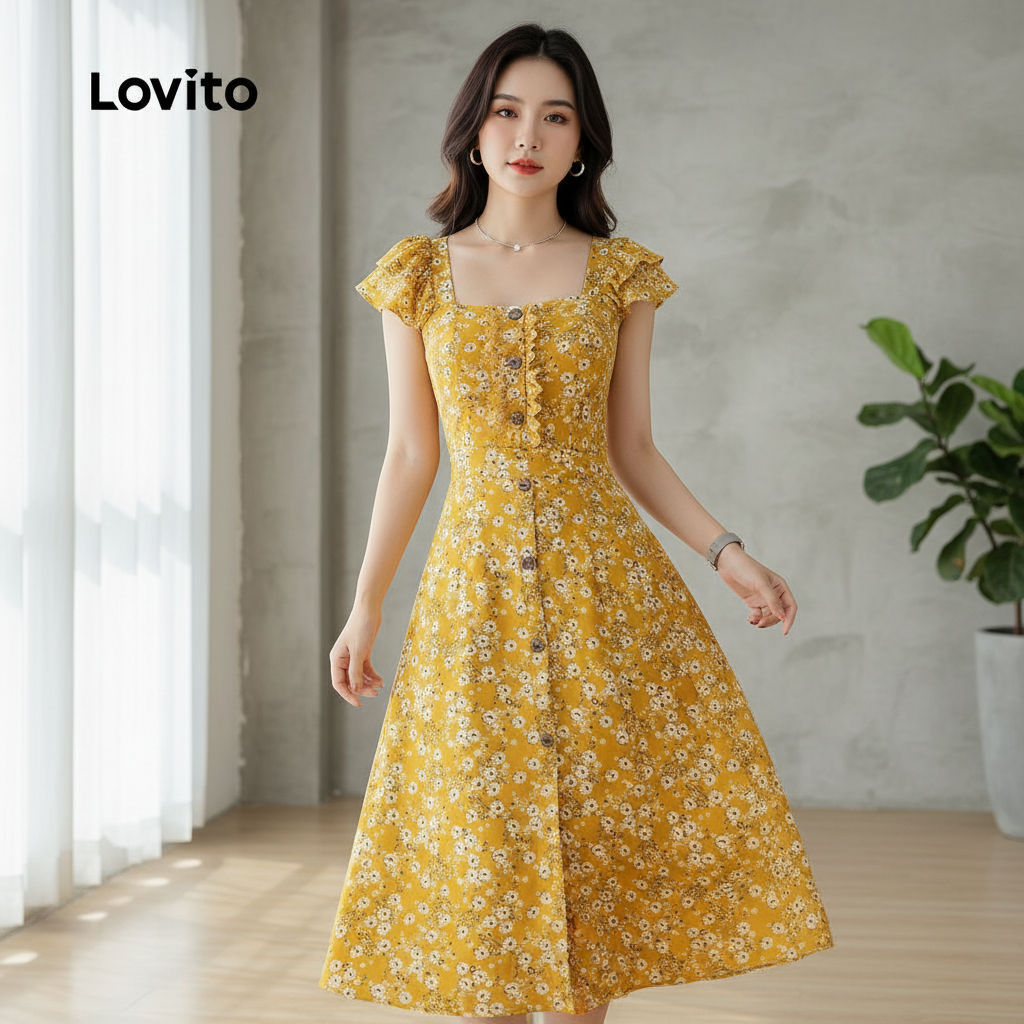 Lovito ชุดเดรสผู้หญิง คอปกลูกไม้ สีเหลือง สําหรับฤดูใบไม้ผลิ ฤดูร้อน