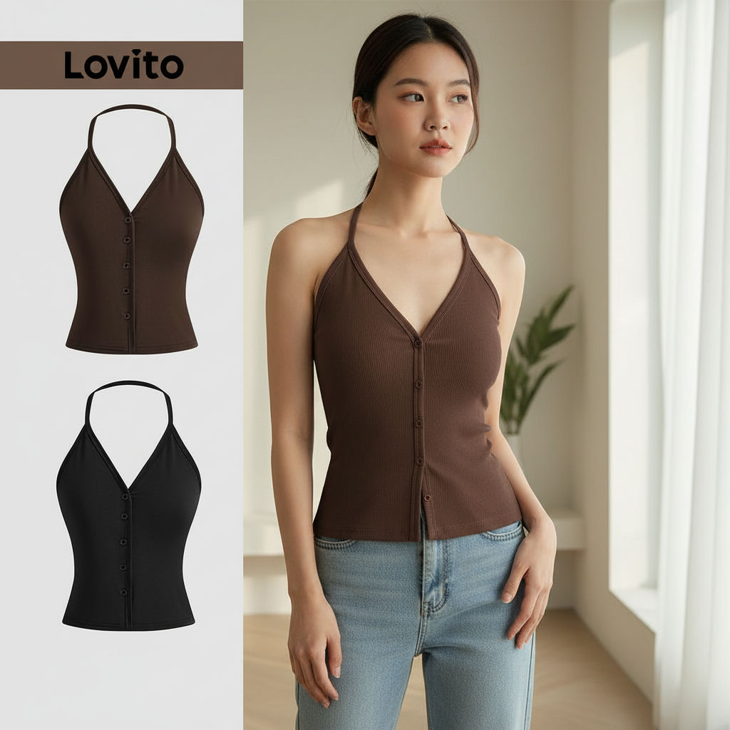 Lovito แคชชวล เสื้อแขนกุดกระดุมสีพื้นสําหรับผู้หญิง L121AD1192