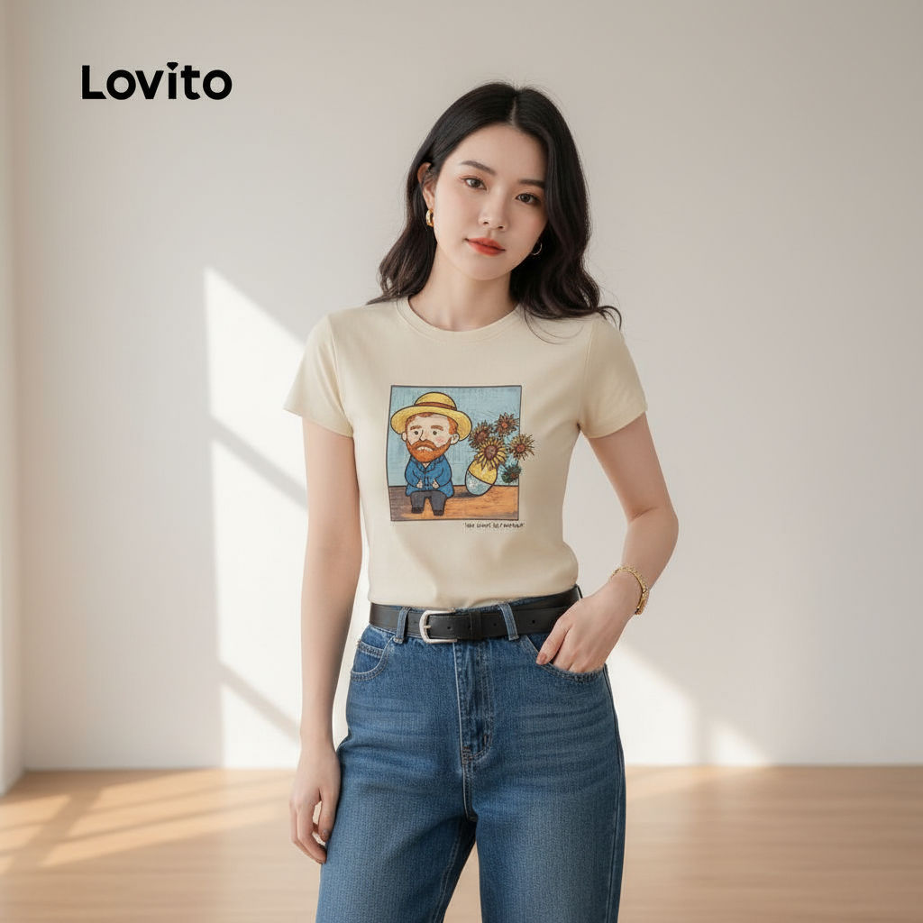 Lovito เสื้อยืดแฟชั่นผู้หญิงสีแอปริคอทสําหรับฤดูใบไม้ผลิและฤดูร้อน LFI1ED023