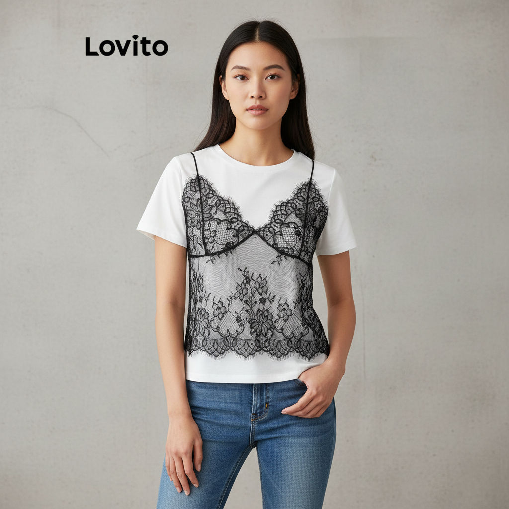 Lovito เสื้อยืดผู้หญิง ลูกไม้ ผ้าเย็บต่อ โทนสีพื้น ดีไซน์หรูหรา L106AD114