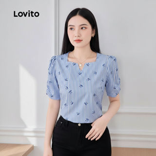 Lovito เสื้อเชิ้ตคอปก แขนสั้น สีฟ้าขาว สไตล์ฤดูใบไม้ผลิ ฤดูร…