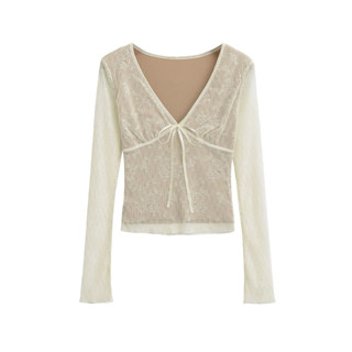 เสื้อเบลาส์ ลูกไม้ผู้หญิง แขนยาว คอวี ทรงเข้ารูป สีแอปริคอท/…