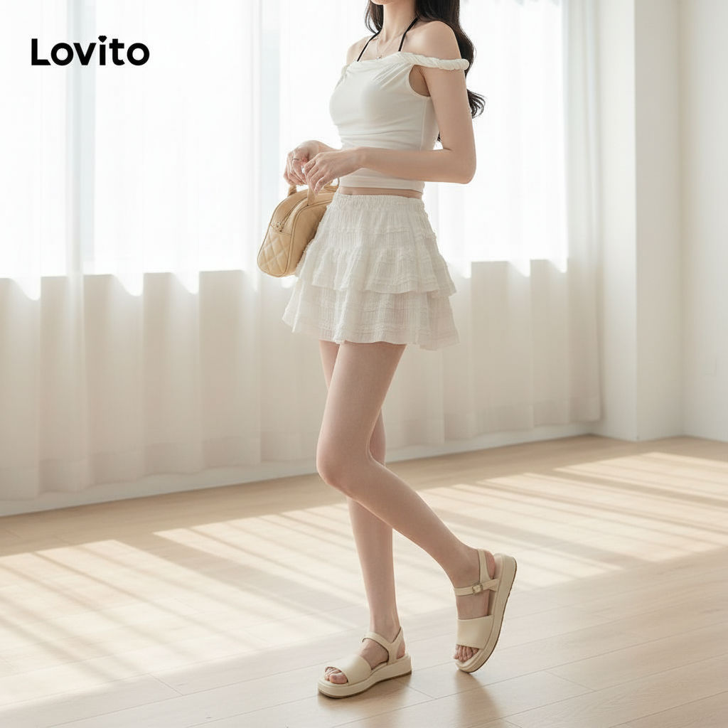 Lovito กระโปรงลําลองกระโปรงระบายสําหรับผู้หญิง L88AD161