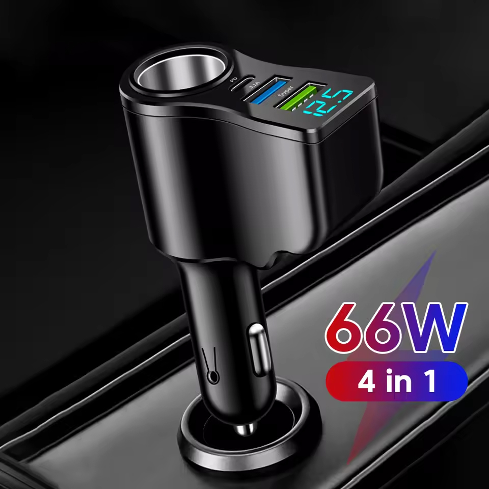 30W Four Port Car Power Adapter Dual USB PD Fast Charging สําหรับ iPhone Huawei iPad