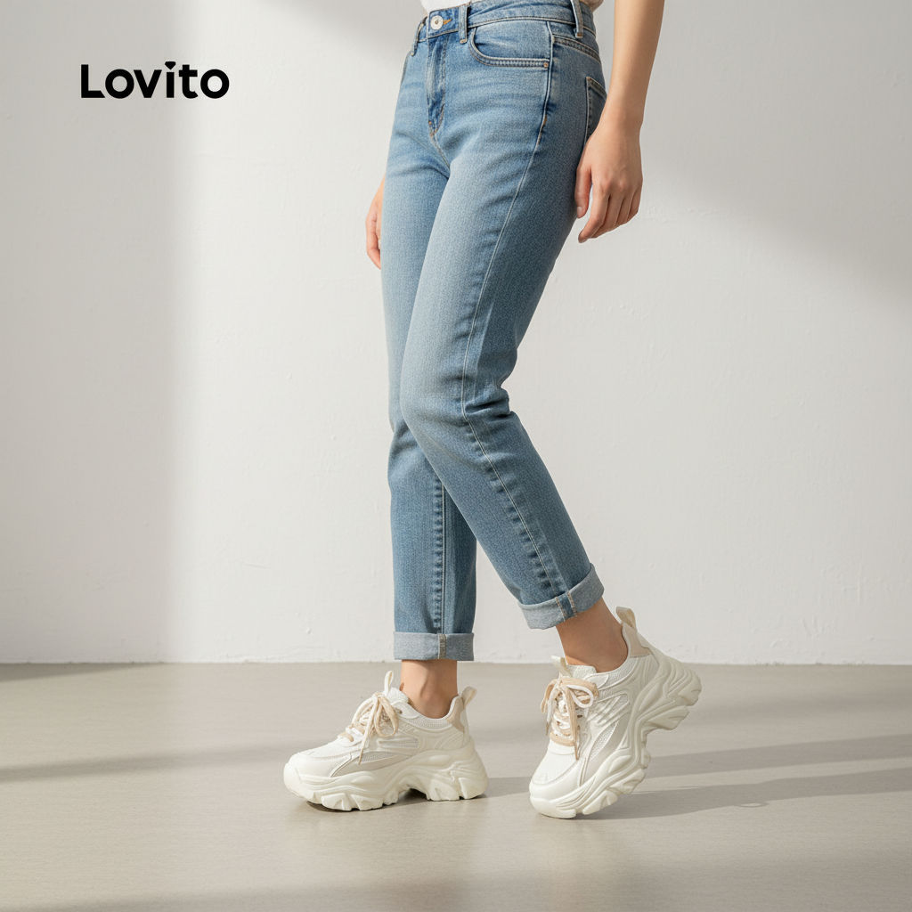 Lovito รองเท้าลําลองผู้หญิงแฟชั่นพื้นหนาเพิ่มความสูงด้านในรองเท้าผ้าใบสไตล์เค้ก LFA60422