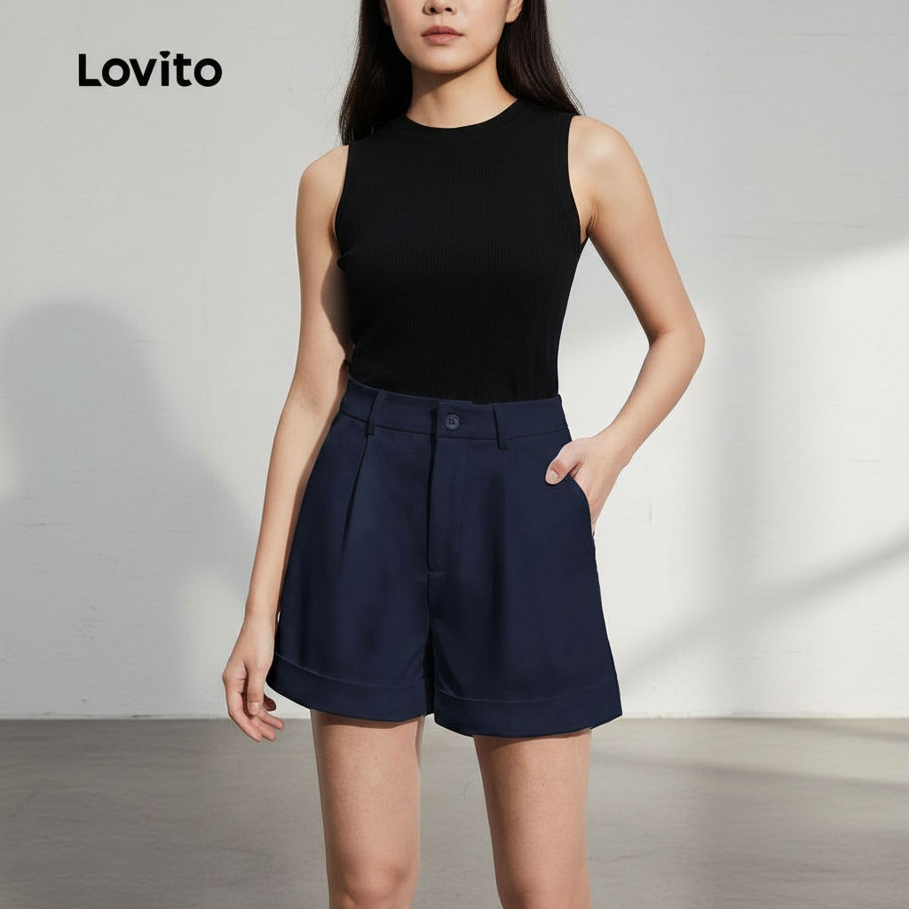 Lovito สง่างาม กางเกงขาสั้นสองชั้นเรียบหรูสําหรับผู้หญิง L95ED830