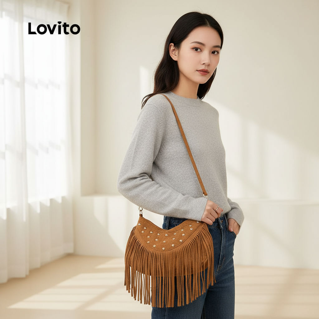 Lovito กระเป๋าถือผู้หญิงสไตล์ลําลอง ตกแต่งหมุด LFA104009