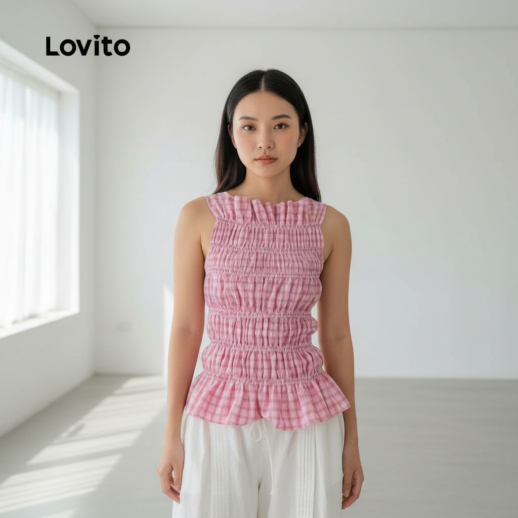Lovito เสื้อแขนกุดลายกิงแฮมน่ารักสําหรับสาวฤดูร้อนฤดูใบไม้ผลิ L125AD139