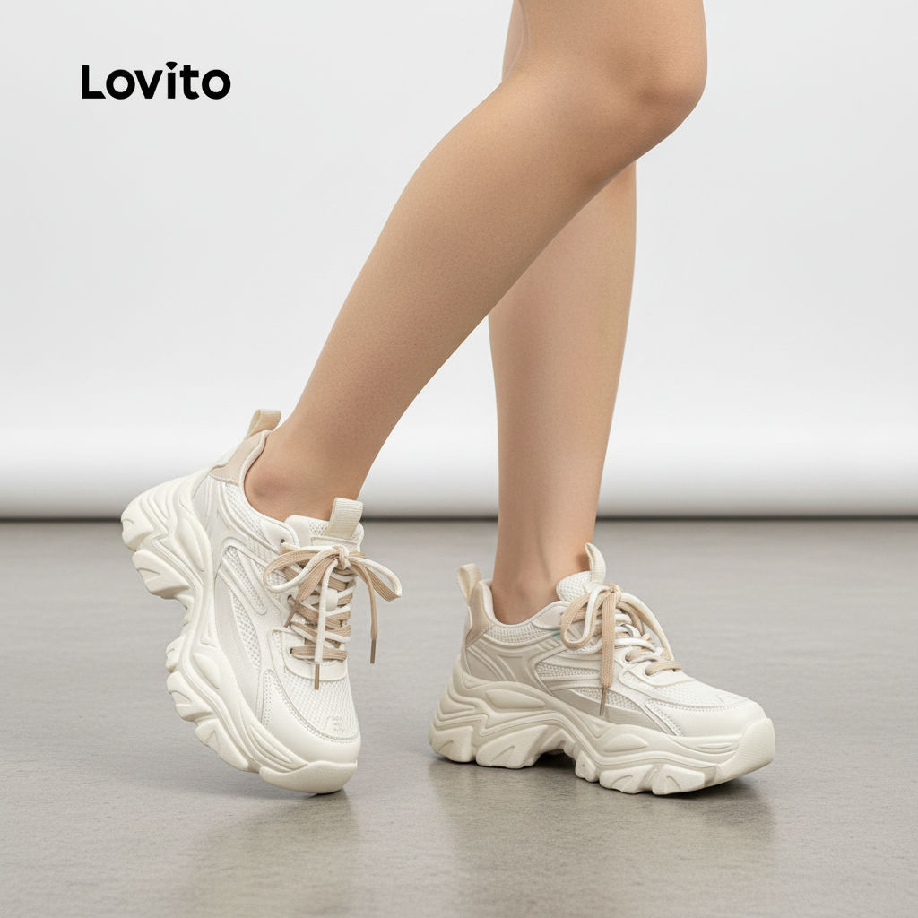 Lovito รองเท้าลําลองผู้หญิงแฟชั่นพื้นหนาเพิ่มความสูงด้านในรองเท้าผ้าใบสไตล์เค้ก LFA60422