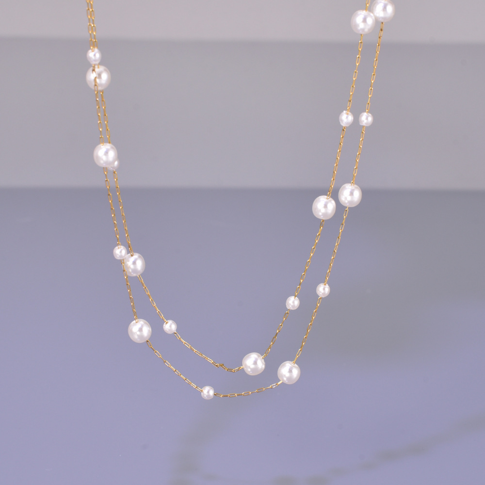 L215 [เฉพาะ JIT] สร้อยคอมุกผสมสองชั้นแบบฟองอากาศสไตล์ดาวเต็มท้องฟ้า สร้อยคอมุกโซ่สั้น สแตนเลส 18K