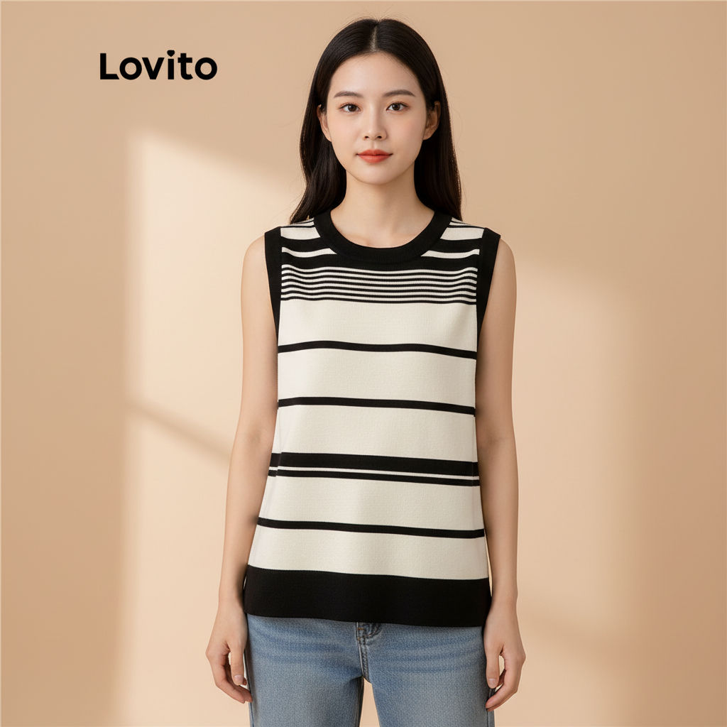 Lovito เสื้อแขนกุดผู้หญิง ถักลายทาง คอปกสีตัดกัน LNA07134 (ชมพู/ดําขาว)