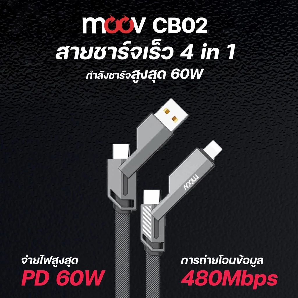 Moov CB02 / CB02 Lite สายชาร์จเร็ว 4 in 1 Type C to Type C / L Cable / USB รองรับ PD สูงสุด 100W ราคา ถูกที่สุด ดีลบีเคเค แกลเลอรีภาพที่ 2