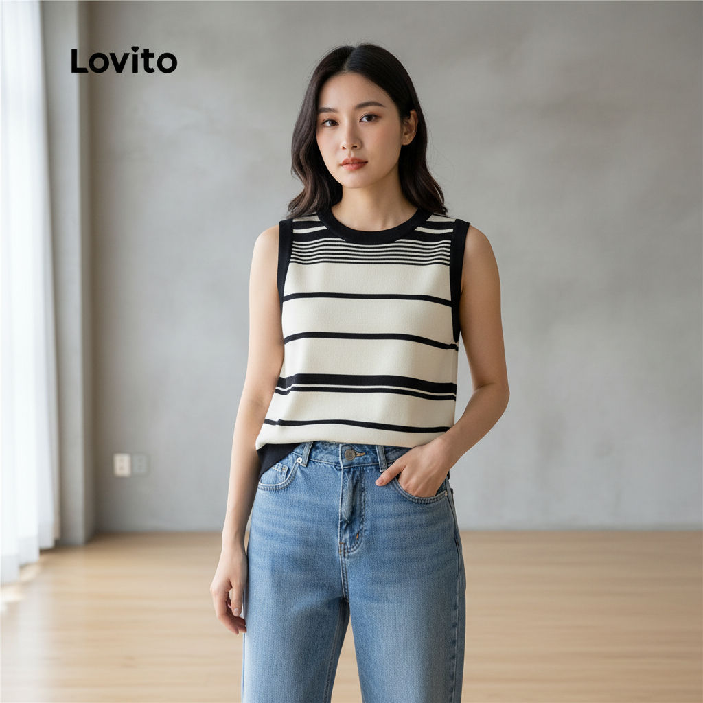 Lovito เสื้อแขนกุดผู้หญิง ถักลายทาง คอปกสีตัดกัน LNA07134 (ชมพู/ดําขาว)