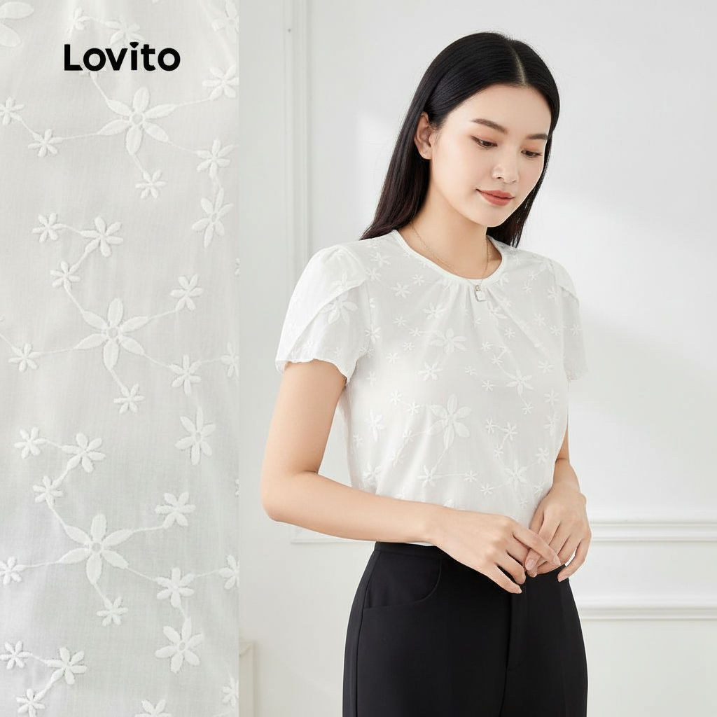 Lovito สง่างาม เสื้อเชิ้ตผู้หญิงลายปักลูกไม้ สไตล์ลําลอง สีขาว สําหรับฤดูร้อน ฤดูใบไม้ผลิ L154ED131