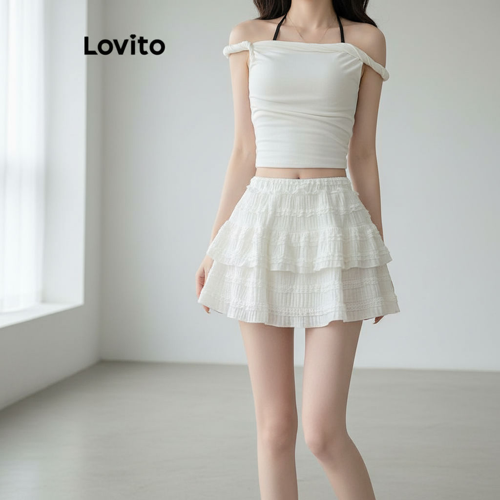 Lovito กระโปรงลําลองกระโปรงระบายสําหรับผู้หญิง L88AD161