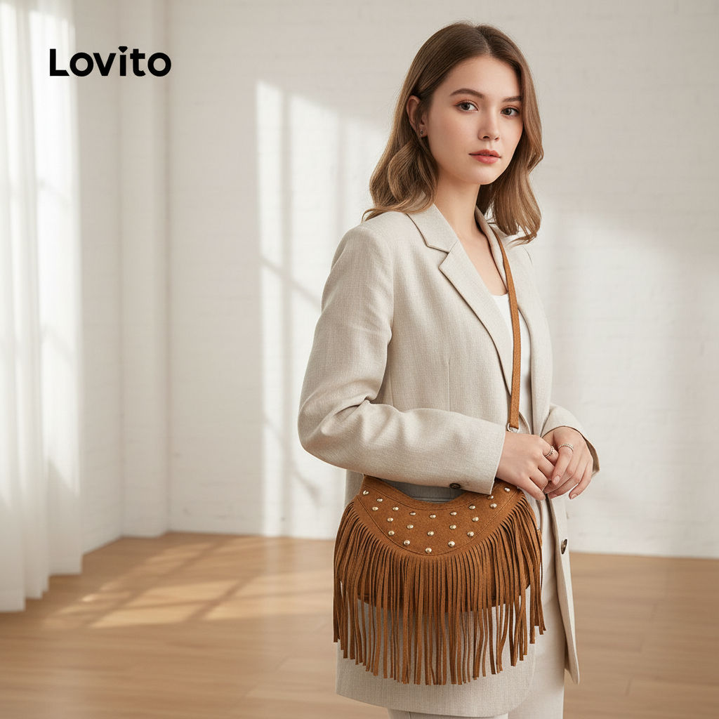 Lovito กระเป๋าถือผู้หญิงสไตล์ลําลอง ตกแต่งหมุด LFA104009