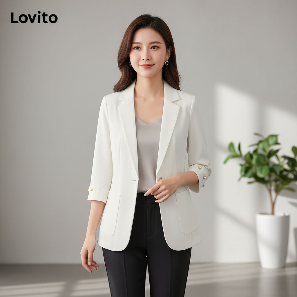 Lovito สูทผู้หญิง กระดุมหน้า สีพื้น สไตล์สบาย ๆ LNL71434