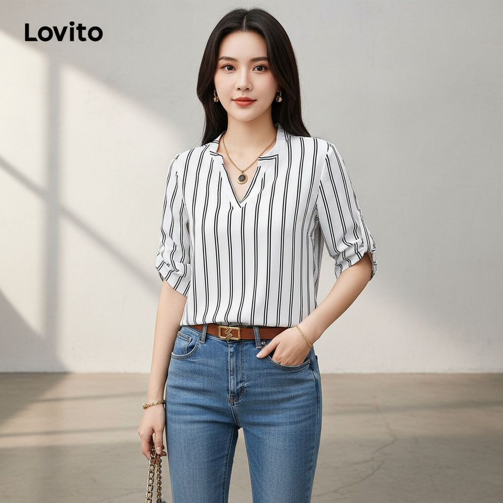 Lovito เสื้อเชิ้ตผู้หญิงลายทางสําหรับฤดูใบไม้ผลิและฤดูร้อน LBL09255