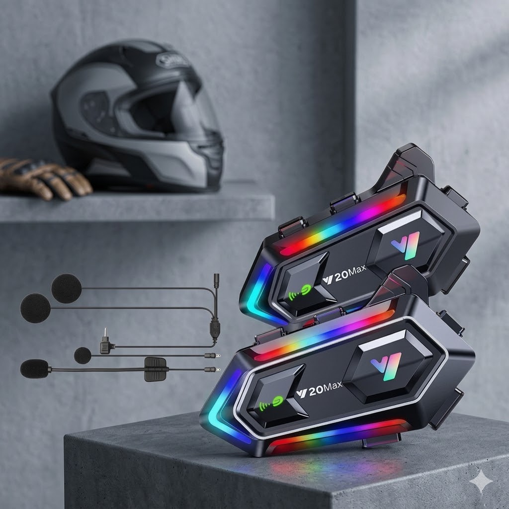 Y20 MAX หมวกกันน็อคมอเตอร์ไซค์ชุดหูฟังบลูทูธอินเตอร์คอม RGB การผสมแสง V5.3 1000mAh แบตเตอรี่ Pro