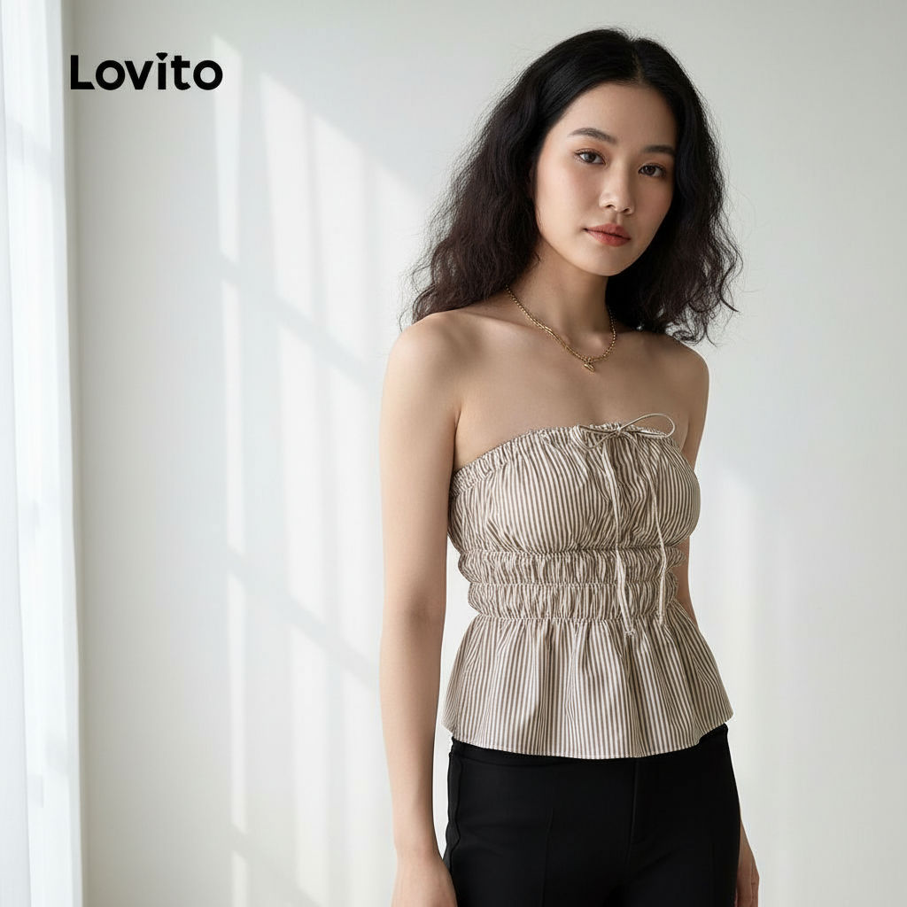 Lovito เสื้อแขนกุดลายทางผูกเชือกฤดูร้อนสําหรับผู้หญิง L116LD255