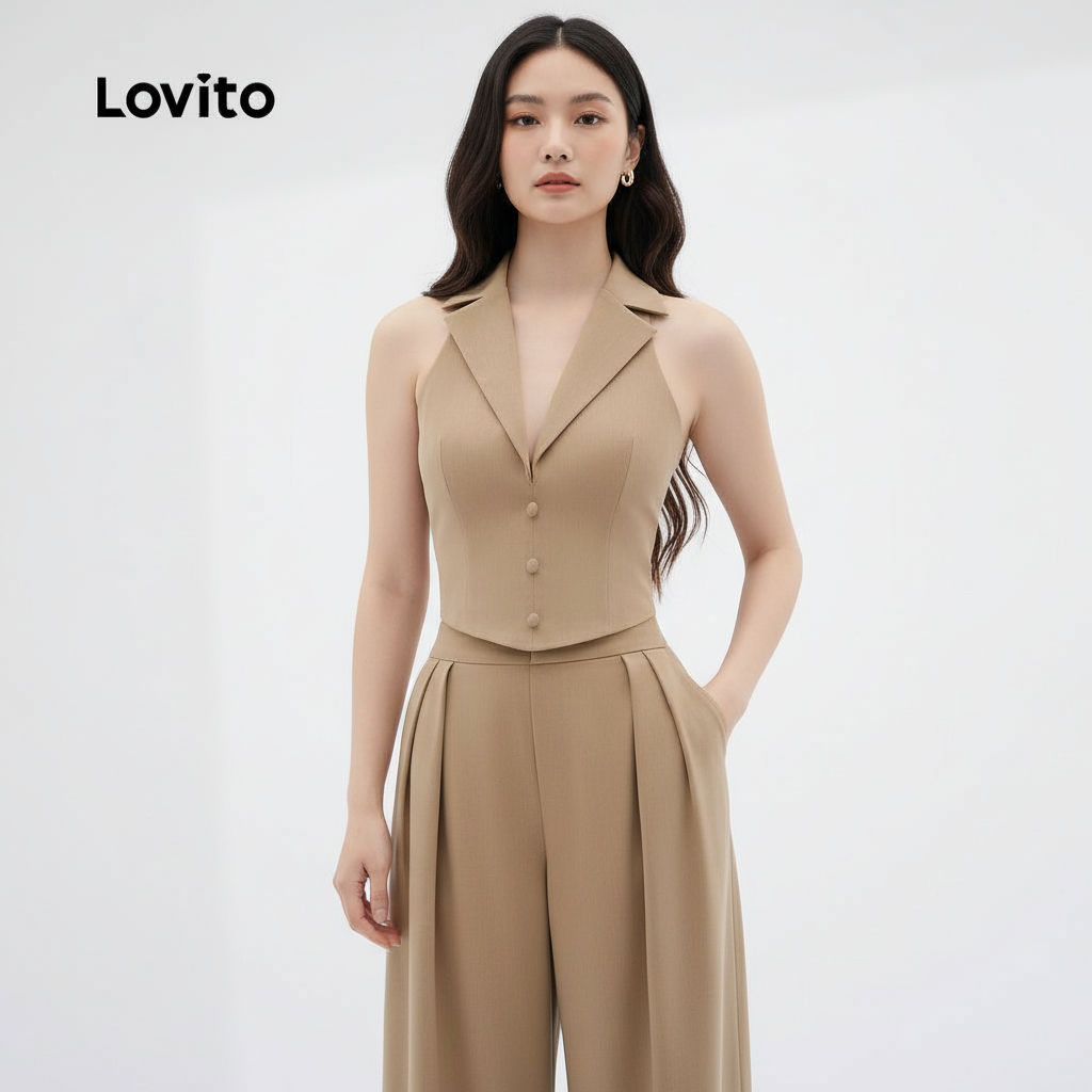 Lovito ชุดเซตกางเกงผ้าคาชิ พร้อมปุ่มพลีท สําหรับฤดูใบไม้ผลิ/ฤดูร้อน L138ED553