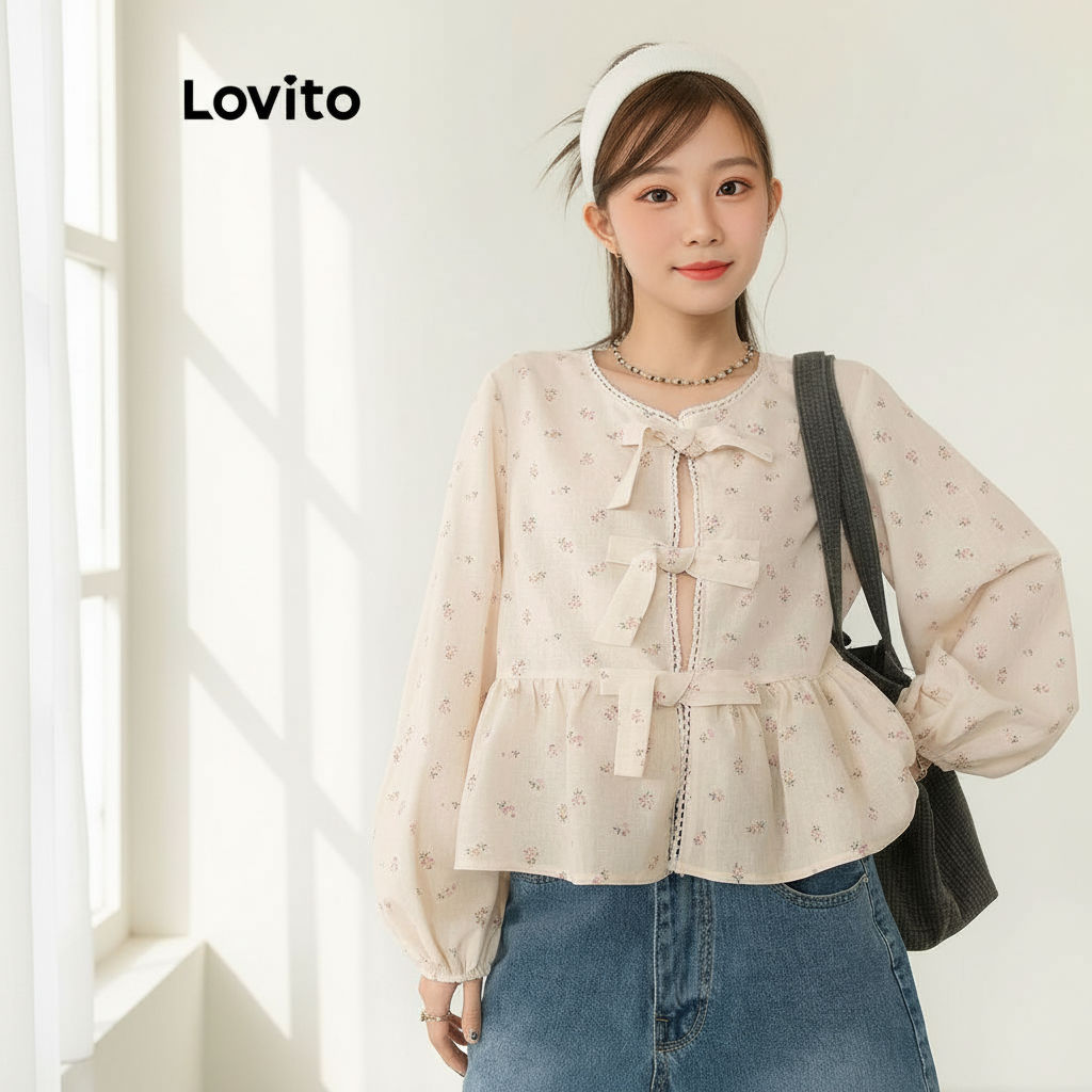 Lovito เสื้อเบลาส์ผ้าลูกไม้ ผูกริบบิ้นด้านหน้า ลายดอกไม้น่ารัก L106AD869