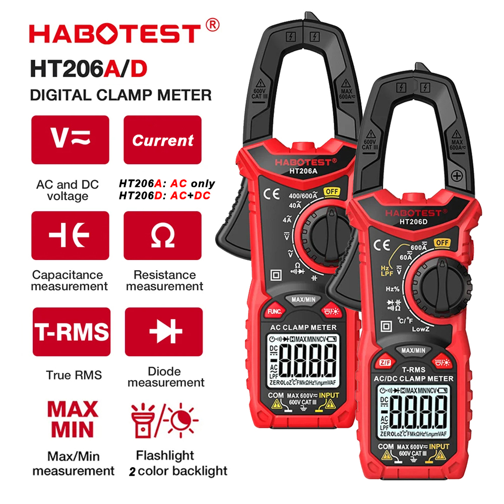 One Piece HABOTEST HT206A/HT206D แคลมป์มิเตอร์, 6000 นับ True RMS มัลติมิเตอร์แบบดิจิตอลพร้อม NCV แล