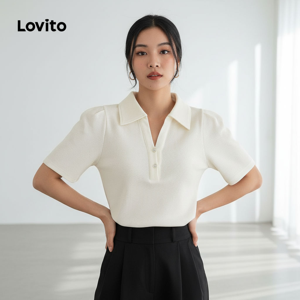 Lovito เสื้อโปโลผู้หญิง คอปก ประดับไข่มุก สไตล์ลําลอง LBL10131