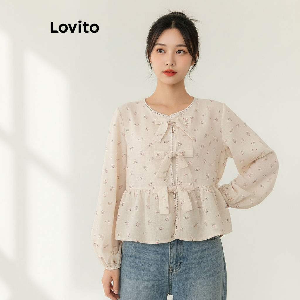 Lovito เสื้อเบลาส์ผ้าลูกไม้ ผูกริบบิ้นด้านหน้า ลายดอกไม้น่ารัก L106AD869