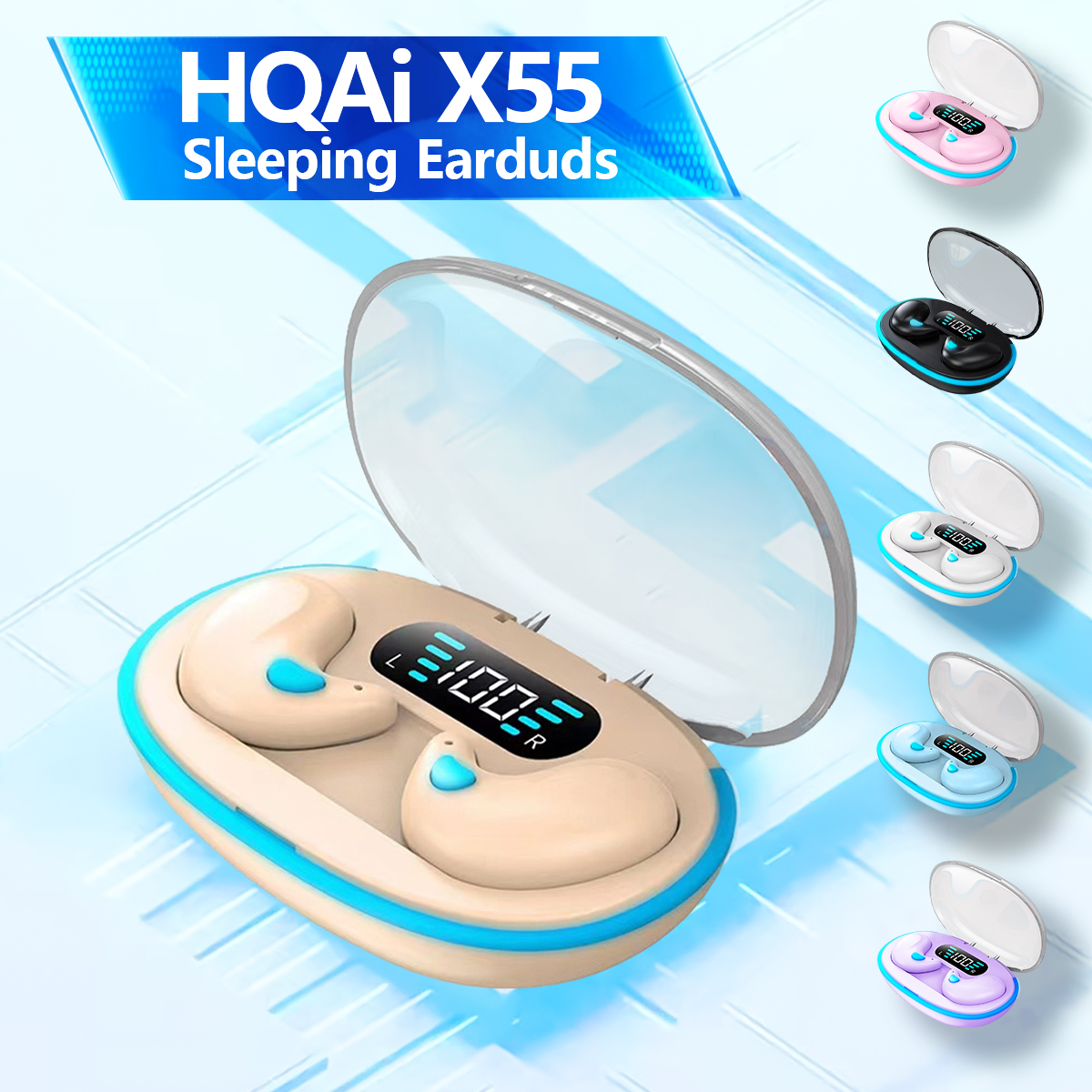 HQAi X55 หูฟังไร้สาย Sleeping Earbuds TWS Bluetooth แบตเตอรี่ยาวหูฟังกันน้ํา Build-in Mic Noice Cancellation Hi-fi Sound ชุดหูฟังสําหรับโทรศัพท์ทั้งหมด