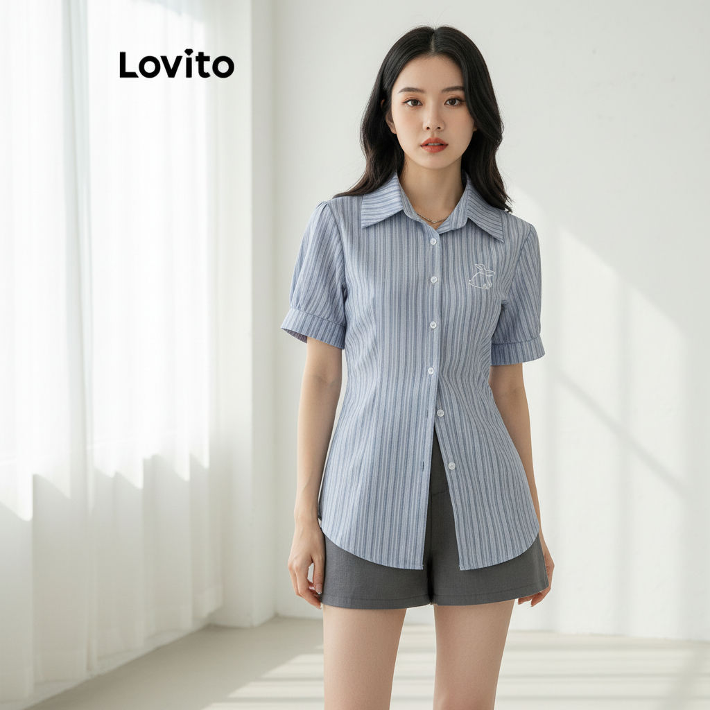 Lovito เสื้อเชิ้ตผู้หญิง แขนพัฟ ปักลายดอกไม้ ติดกระดุมหน้า สีฟ้า L58AD035