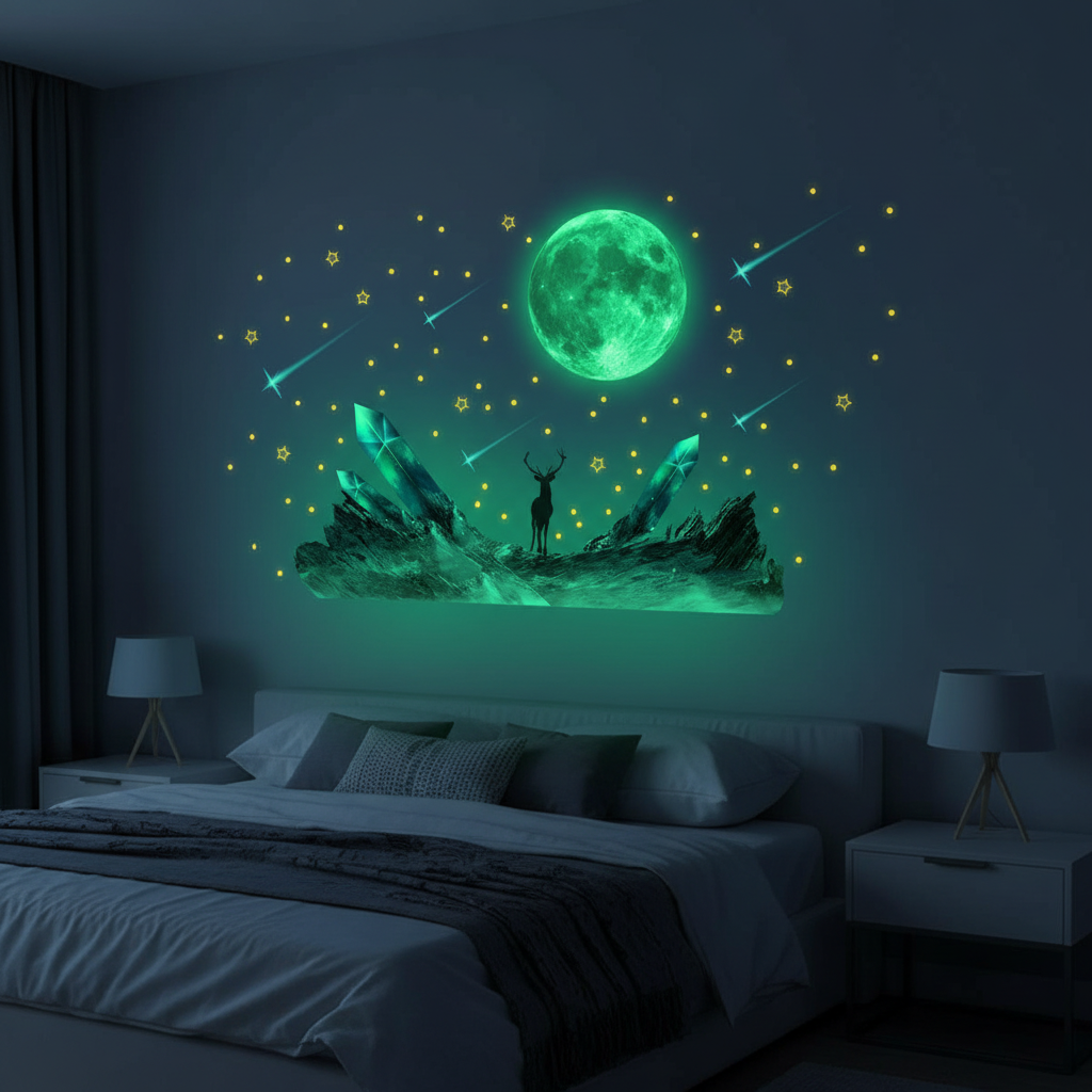 YC002-YW สติ๊กเกอร์ติดผนังลายดวงจันทร์เรืองแสงดาวตกสําหรับตกแต่งห้องนอนห้องนั่งเล่นแบบกาวในตัว