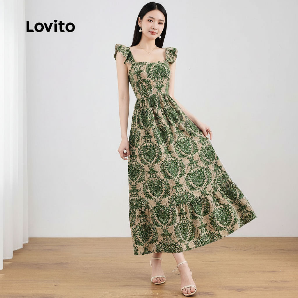 Lovito เดรสแพทเทิร์นลายชนเผ่าสไตล์โบฮีเมียนสําหรับผู้หญิง L129ED445