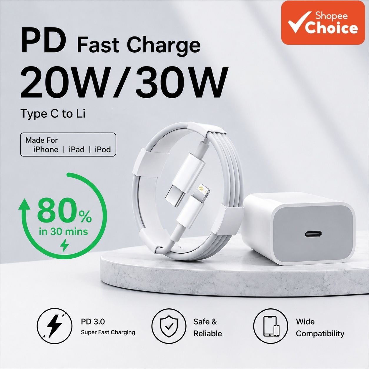 Elite PD 20–45W หัวชาร์จเร็ว & ชุดสาย MFi Type-C to Li รองรับ iPhone 7–14 ชาร์จเร็วทันใจ