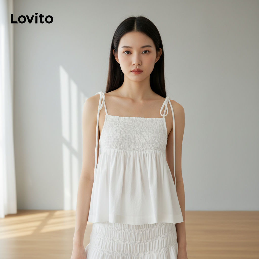 Lovito เสื้อกล้ามผู้หญิง สม็อค สีพื้น ใส่ลําลอง รุ่น L99ED323