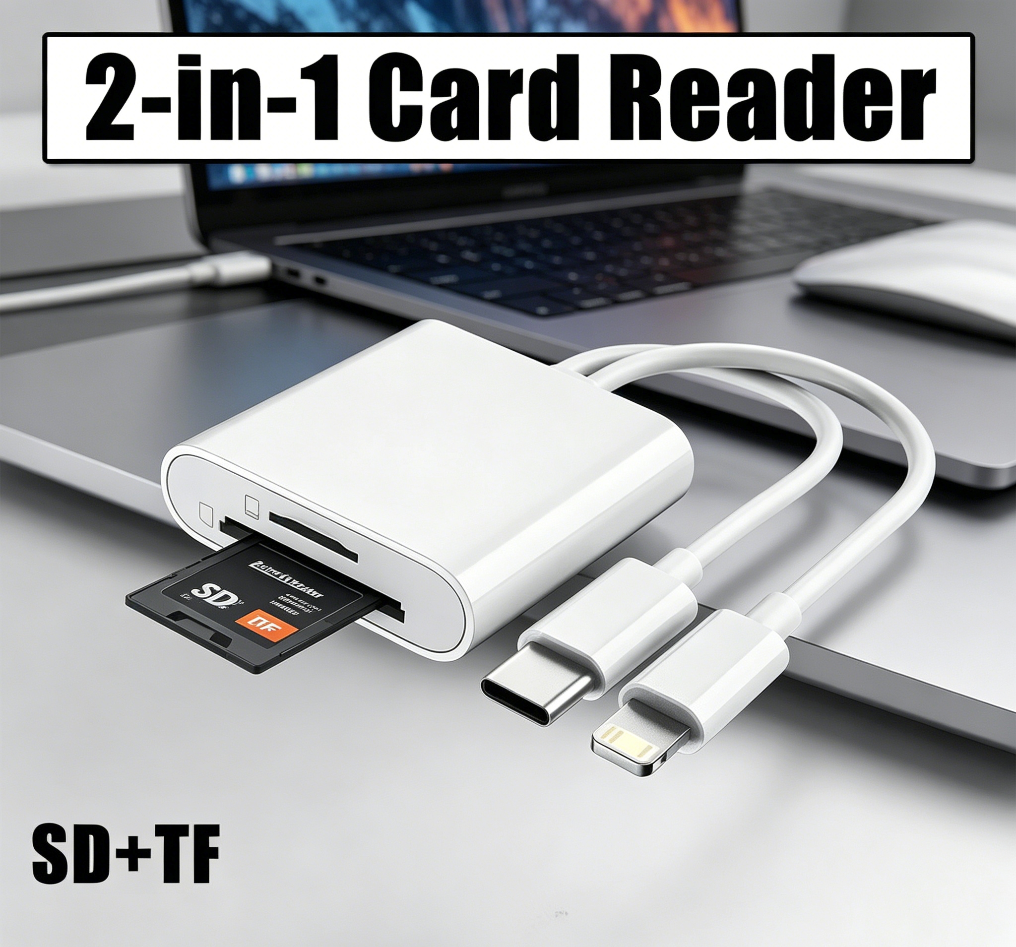 เครื่องอ่านการ์ด SD สําหรับ iPhone และ iPad, อะแดปเตอร์การ์ดความจําแบบสองพอร์ต USB C และ iOS, เชื่อมต่อกล้องเข้ากับแล็ปท็อปสําหรับอ่านการ์ด SD/TF/ซิม, เสียบแล้วใช้งานได้ทันที, อุปกรณ์กล้อง