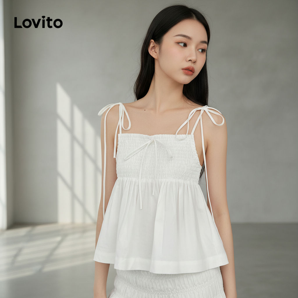 Lovito เสื้อกล้ามผู้หญิง สม็อค สีพื้น ใส่ลําลอง รุ่น L99ED323