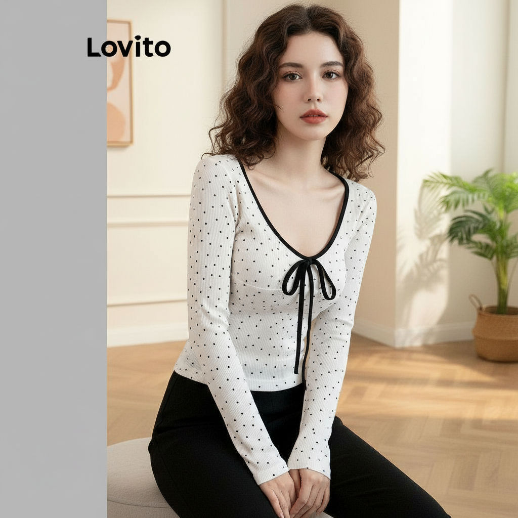 Lovito เสื้อยืดผู้หญิง ลายจุด โบว์ ผูกโบว์ สีตัดกัน ใส่สบาย ฤดูร้อน ฤดูใบไม้ผลิ L110AD470