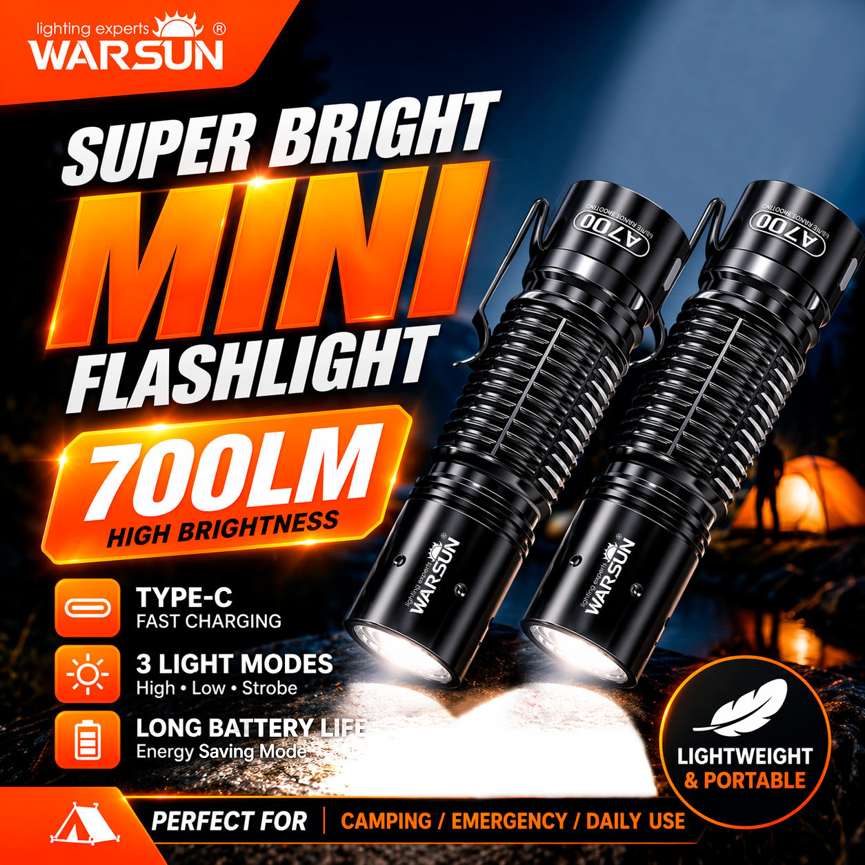 WARSUN A700 2ชิ้น ไฟฉายพกพาขนาดเล็ก ชาร์จ USB-C สว่างพิเศษ ส่องไกล พกพาสะดวก สําหรับตั้งแคมป์และฉุกเฉิน