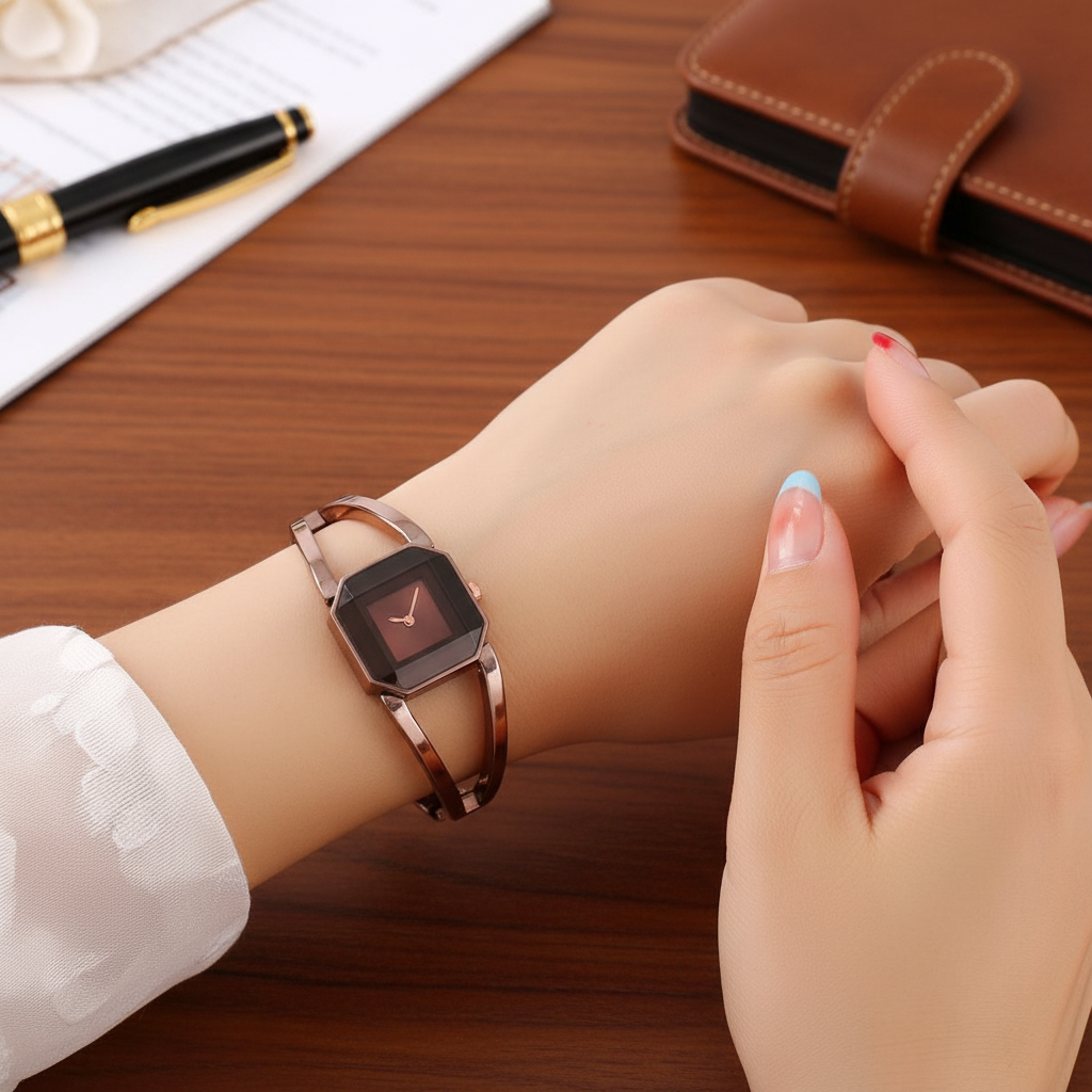 นาฬิกาข้อมือดิสนีย์สไตล์เกาหลีหรูหราพร้อมหน้าปัดทรงเหลี่ยมประดับเพชรและสายสแตนเลส