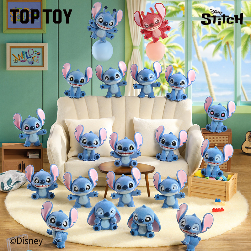 TOPTOY Disney Stitch Mini Flocked Series กระเป๋าตาบอดกํามะหยี่น่ารักสะสมรูปตกแต่งโต๊ะแต่ละกล่องเดี่ย